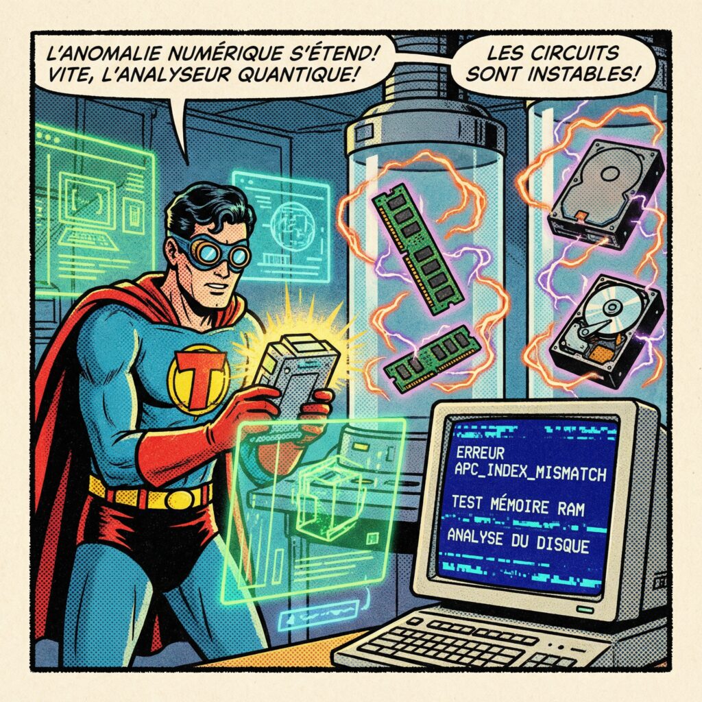 Case de comics rétro analysant la RAM et le disque pour diagnostiquer l’erreur APC_INDEX_MISMATCH avec écran bleu Windows