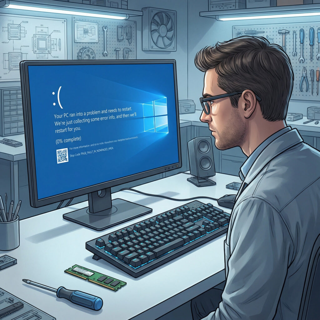 Erreur PAGE_FAULT_IN_NONPAGED_AREA sur Windows affichée sur un écran bleu avec diagnostic de mémoire RAM