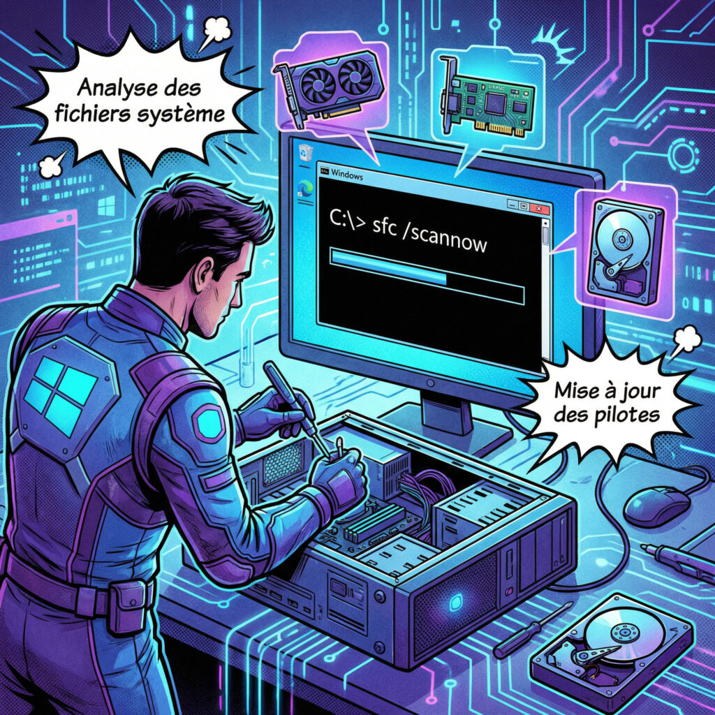 Illustration style comics montrant un technicien réparant un ordinateur Windows.

Sur l’écran du PC apparaît une console Windows avec la commande :

sfc /scannow

Autour de l’écran flottent des icônes de pilotes matériels :
- carte graphique
- carte réseau
- disque dur

Bulles explicatives :
- "Analyse des fichiers système"
- "Mise à jour des pilotes"

Réparation du système Windows avec sfc scannow pour corriger KMODE_EXCEPTION_NOT_HANDLED
