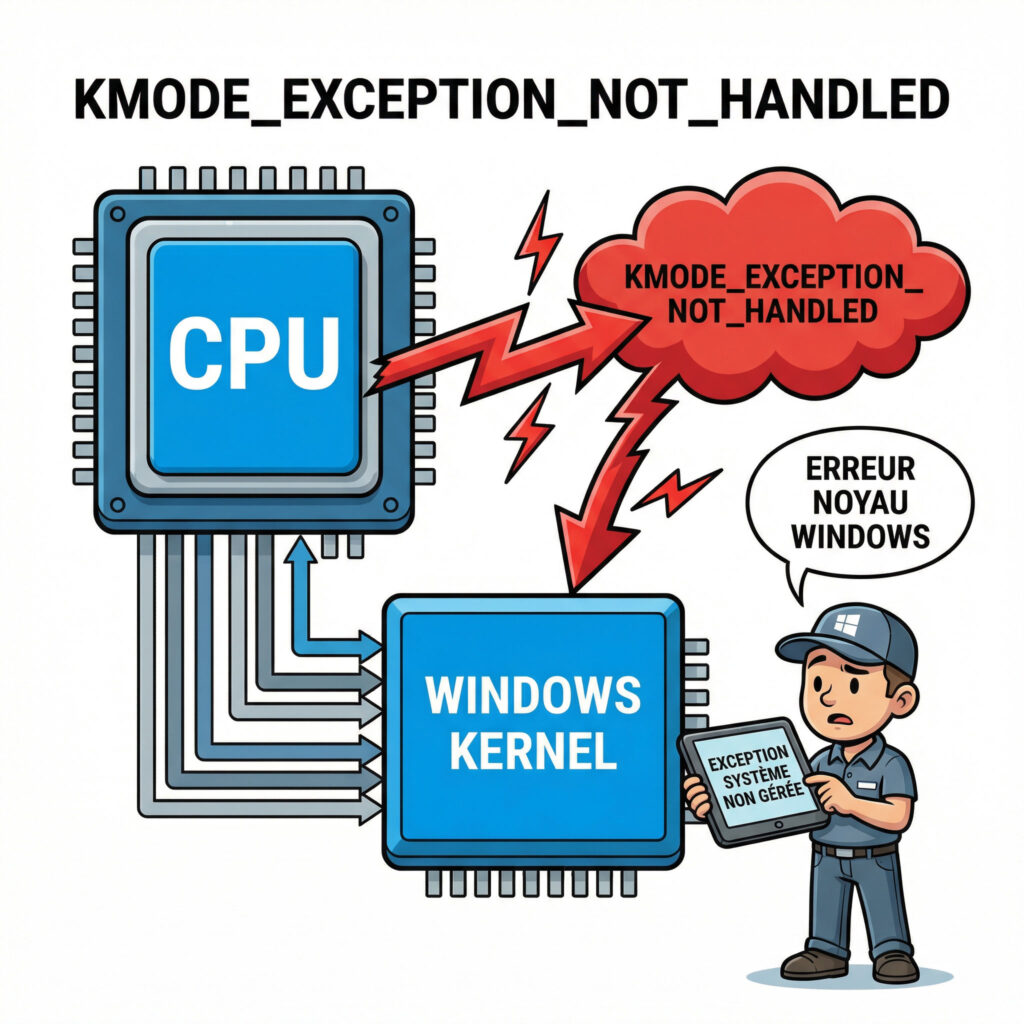 Schéma expliquant l’erreur KMODE_EXCEPTION_NOT_HANDLED liée au noyau Windows