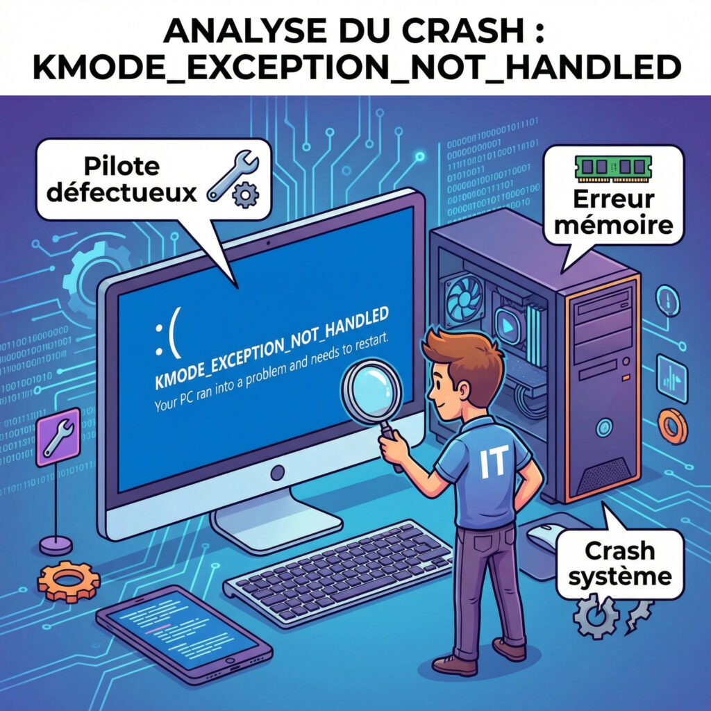 Illustration écran bleu KMODE_EXCEPTION_NOT_HANDLED sur Windows avec diagnostic système