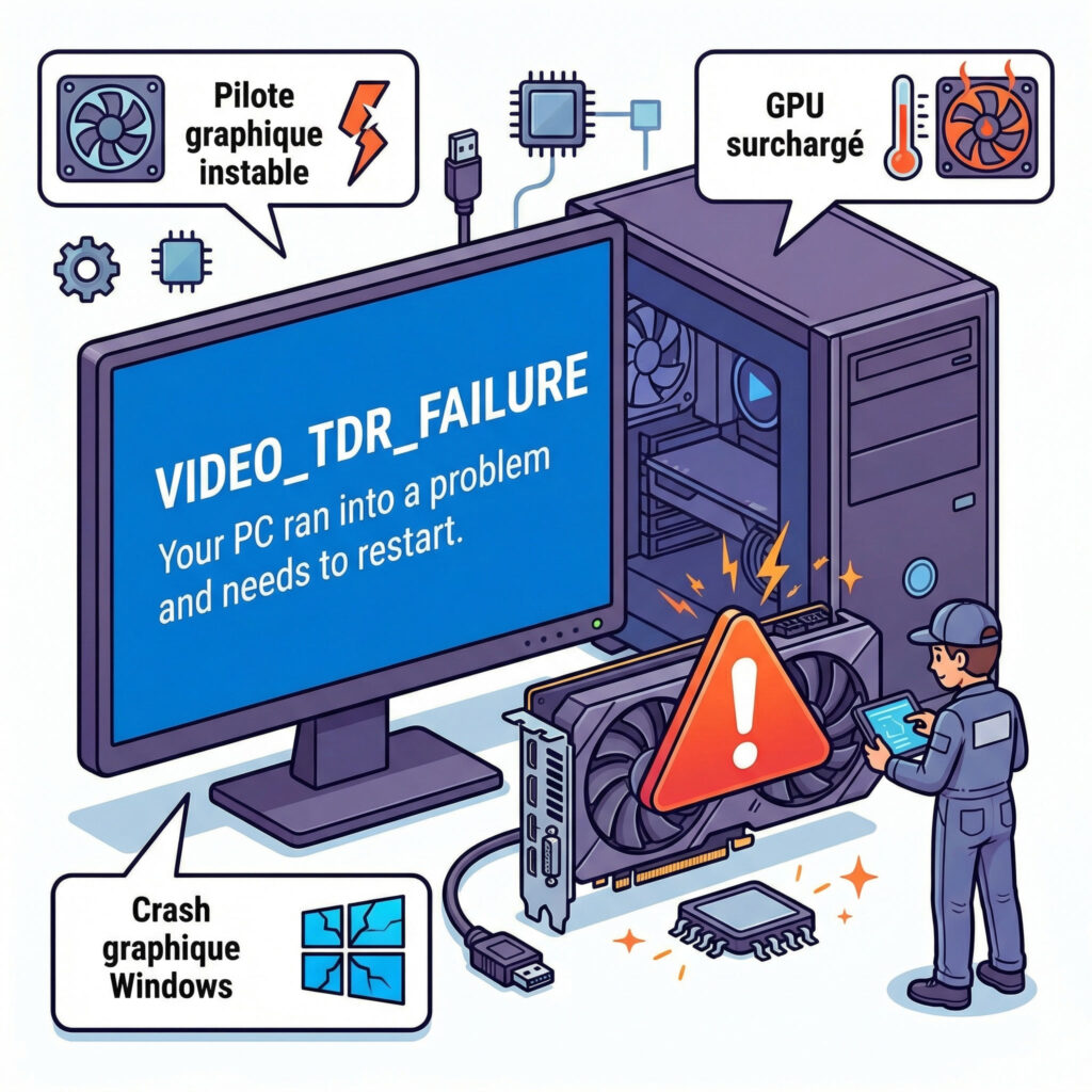 Erreur VIDEO_TDR_FAILURE sur Windows illustrant un crash de carte graphique et écran bleu