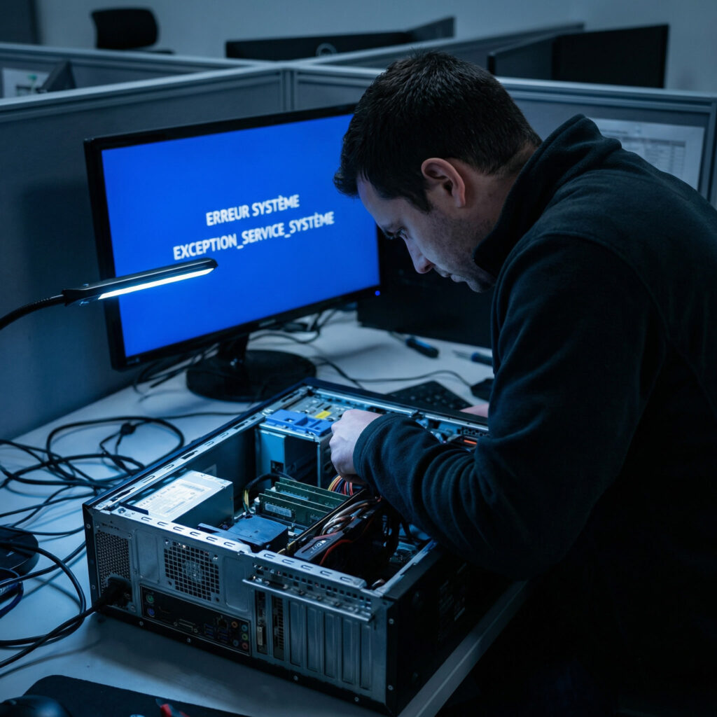 Illustration erreur SYSTEM_SERVICE_EXCEPTION Windows liée à un problème de pilote ou de mémoire