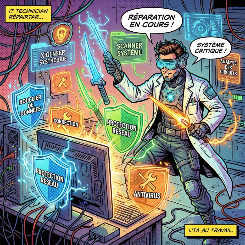 gemini-image-2_comic_style_illustration_IT_technician_using_three_glowing_repair_tools_around_a-0 comic style illustration, IT technician using three glowing repair tools around a computer system, digital shields and repair icons appearing around the PC, futuristic diagnostic tools floating in the air, vibrant comic colors, tech repair atmosphere