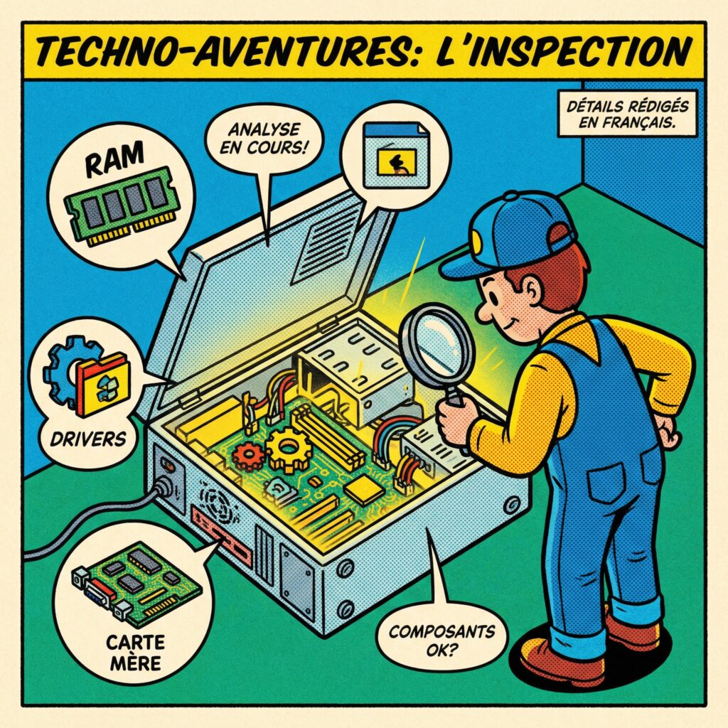 gemini-image-2_comic_style_illustration_computer_opened_like_a_machine_with_visible_motherboard-0 illustration diagnostic des pilotes et du matériel pour corriger UNEXPECTED_STORE_EXCEPTION