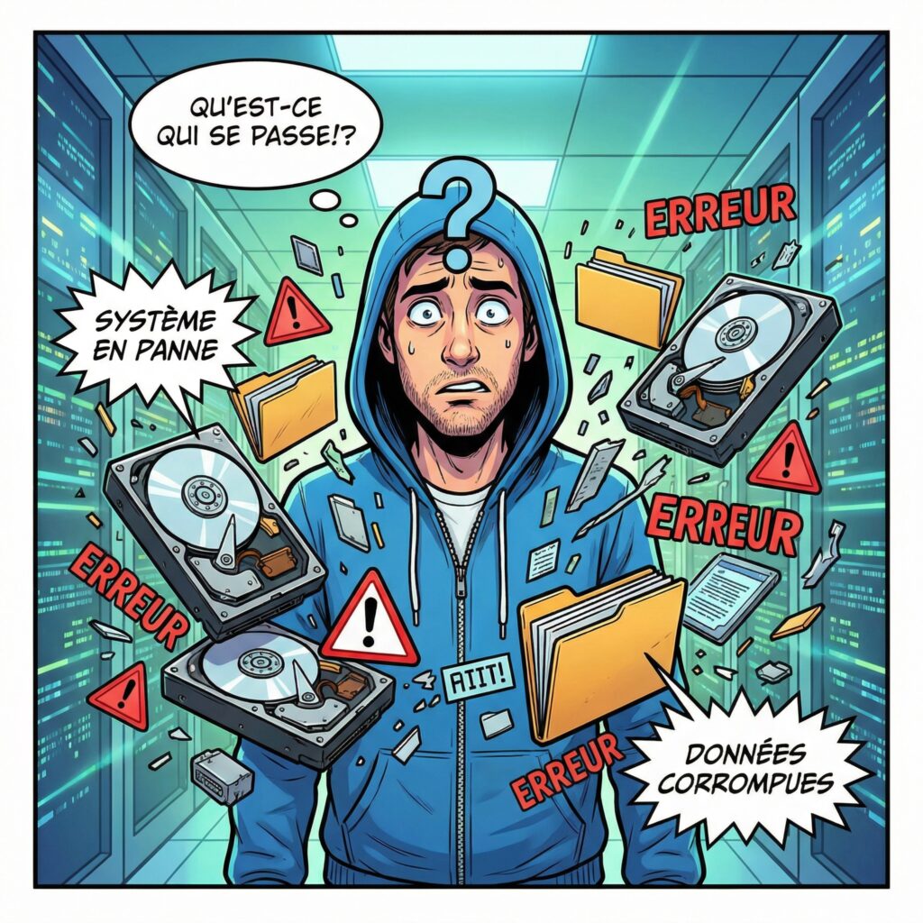 gemini-image-2_comic_style_illustration_confused_IT_technician_examining_a_computer_storage_sys-0 illustration comprendre l’erreur UNEXPECTED_STORE_EXCEPTION sur Windows 10 et 11 liée au stockage