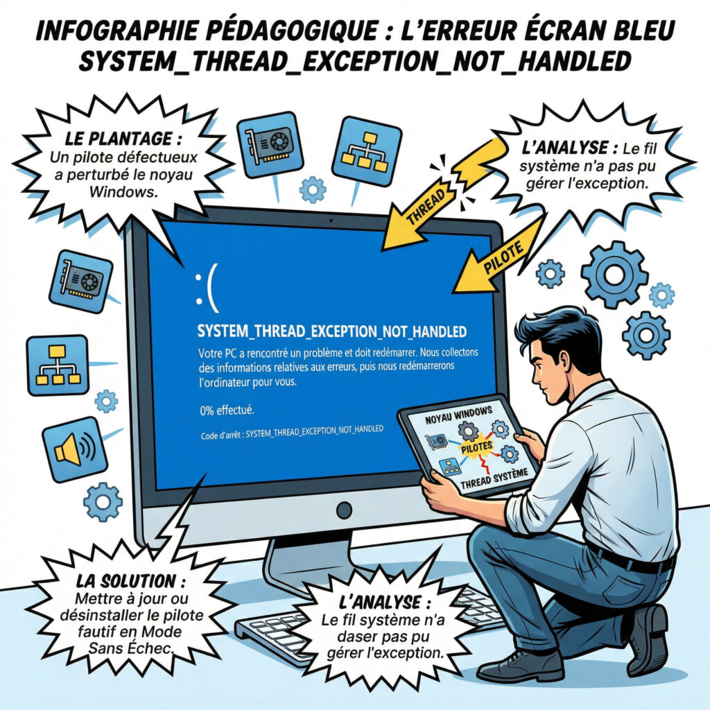 illustration erreur SYSTEM_THREAD_EXCEPTION_NOT_HANDLED Windows 10 et 11