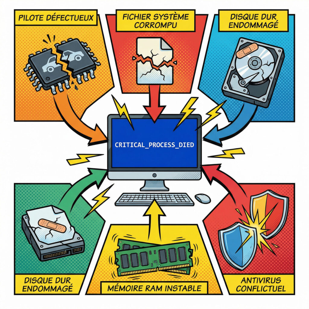 causes écran bleu CRITICAL_PROCESS_DIED pilotes fichiers système RAM