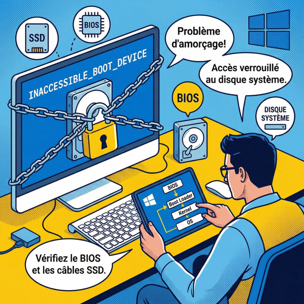 illustration erreur INACCESSIBLE_BOOT_DEVICE écran bleu Windows 10 11