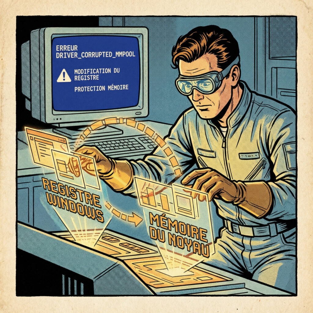 Case de comics montrant la modification du registre pour corriger l’erreur DRIVER_CORRUPTED_MMPOOL avec écran bleu Windows