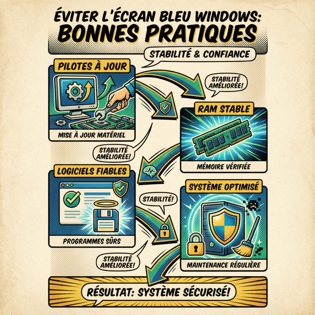 prévention écran bleu Windows pilotes système stable illustration comics