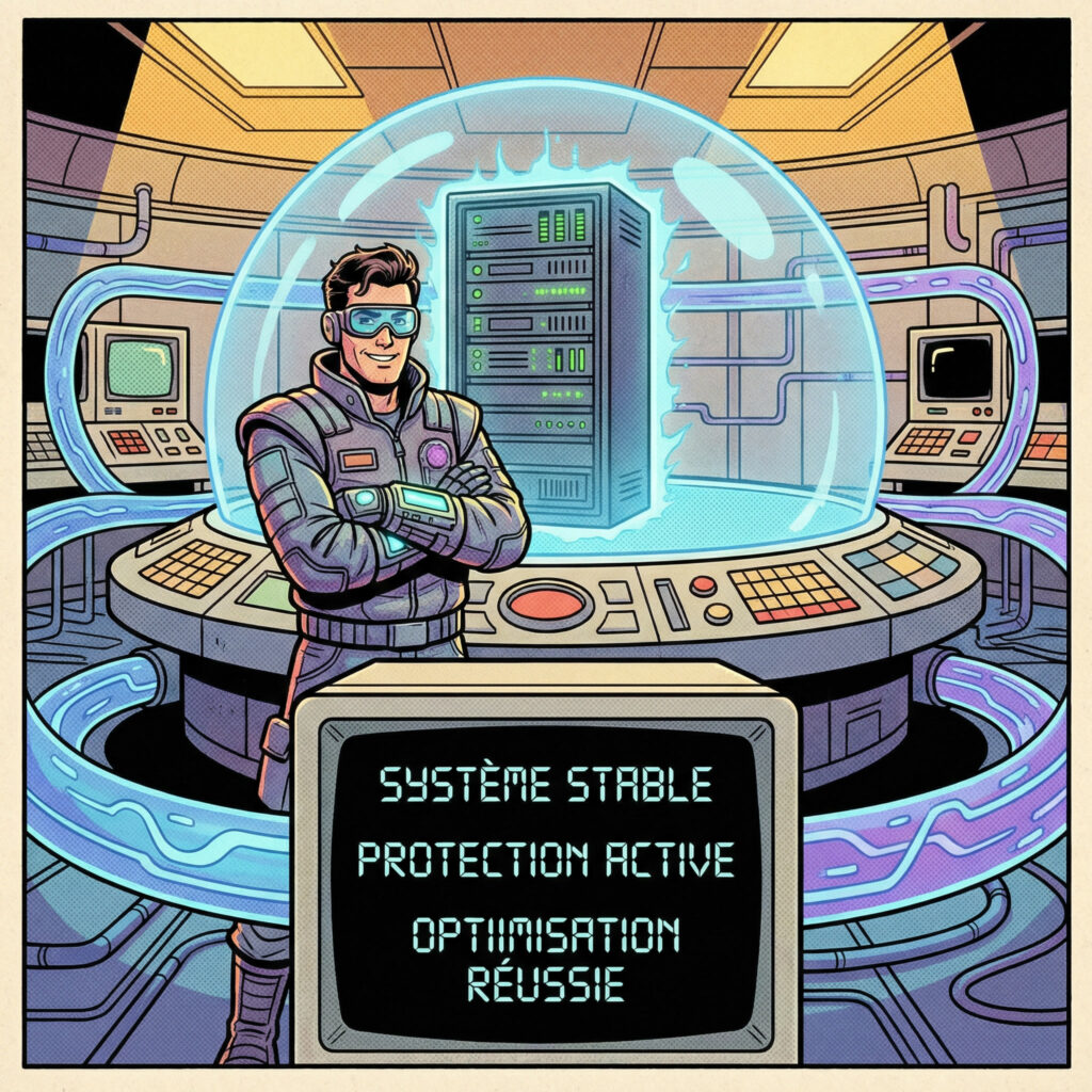 Case de comics montrant la prévention de l’erreur DRIVER_OVERRAN_STACK_BUFFER et la stabilité du système Windows