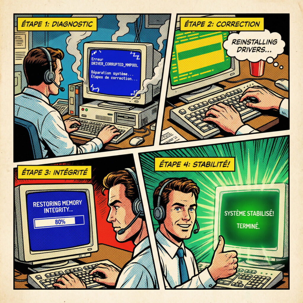 Case de comics illustrant les procédures de réparation pour corriger l’erreur DRIVER_CORRUPTED_MMPOOL avec écran bleu Windows