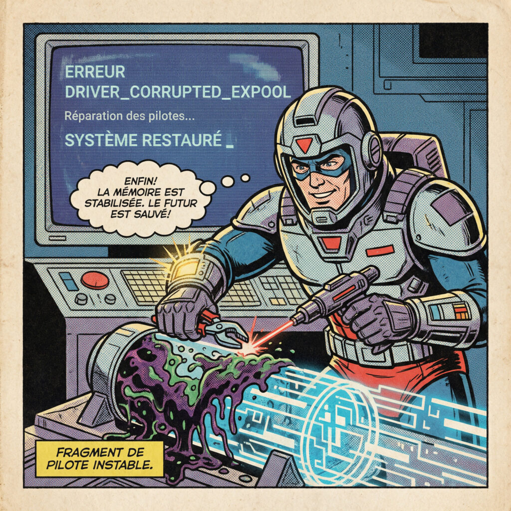 Case de comics montrant la réparation des pilotes pour corriger l’erreur DRIVER_CORRUPTED_EXPOOL avec écran bleu Windows