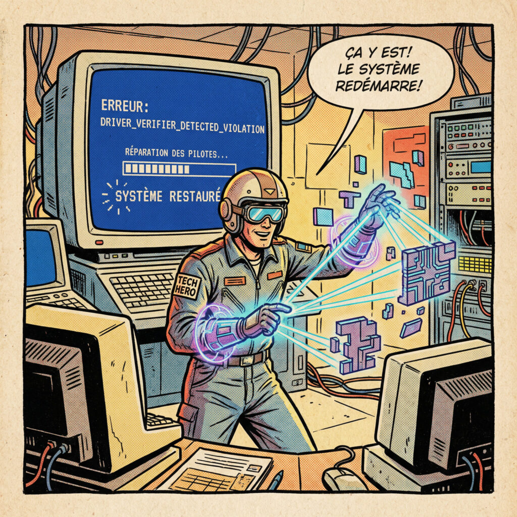 Case de comics montrant la réparation des pilotes pour corriger l’erreur DRIVER_VERIFIER_DETECTED_VIOLATION avec écran bleu Windows