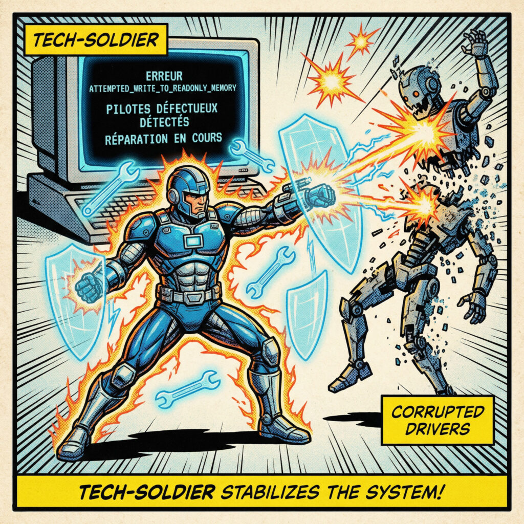 Case de comics rétro montrant la réparation des pilotes pour corriger l’erreur ATTEMPTED_WRITE_TO_READONLY_MEMORY avec écran bleu Windows