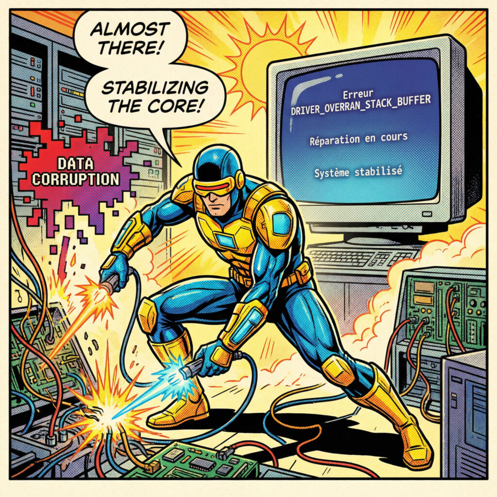 Case de comics montrant la réparation de l’erreur DRIVER_OVERRAN_STACK_BUFFER et la stabilisation de l’écran bleu Windows