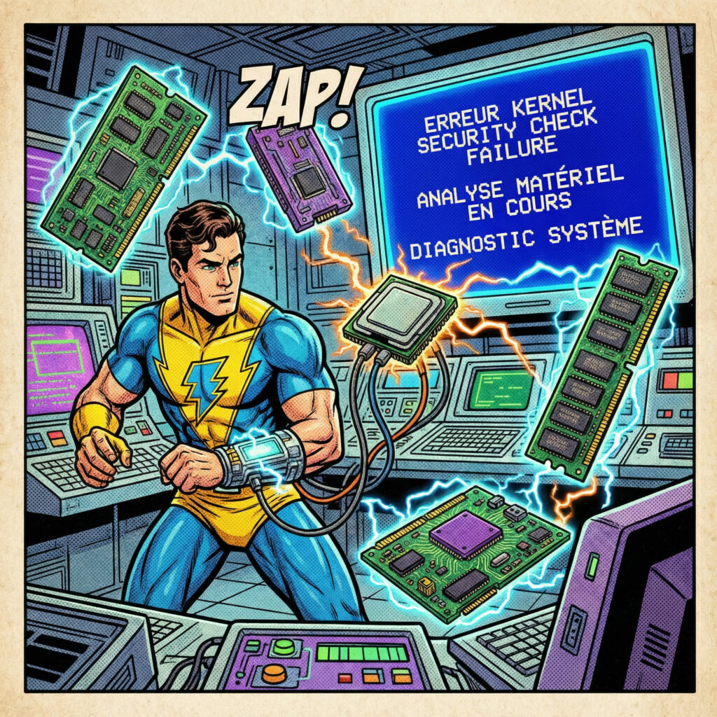 Illustration comics années 80 montrant la réparation de l’erreur kernel security check failure et de l’écran bleu Windows avec des outils système