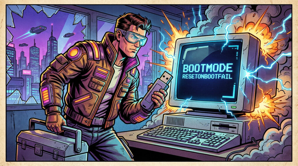 Illustration comics années 80 montrant un PC Windows avec écran bleu Bootmode ResetOnBootFail et technicien en intervention