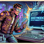 Illustration comics années 80 montrant un PC Windows avec écran bleu Bootmode ResetOnBootFail et technicien en intervention