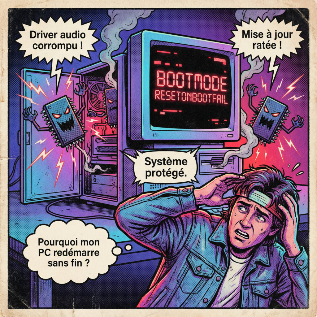 Comics années 80 montrant les causes fréquentes de Bootmode ResetOnBootFail avec pilotes corrompus