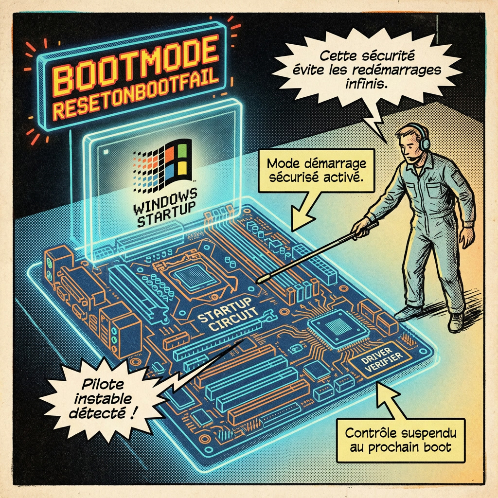 Comics années 80 montrant les causes fréquentes de Bootmode ResetOnBootFail avec pilotes corrompus