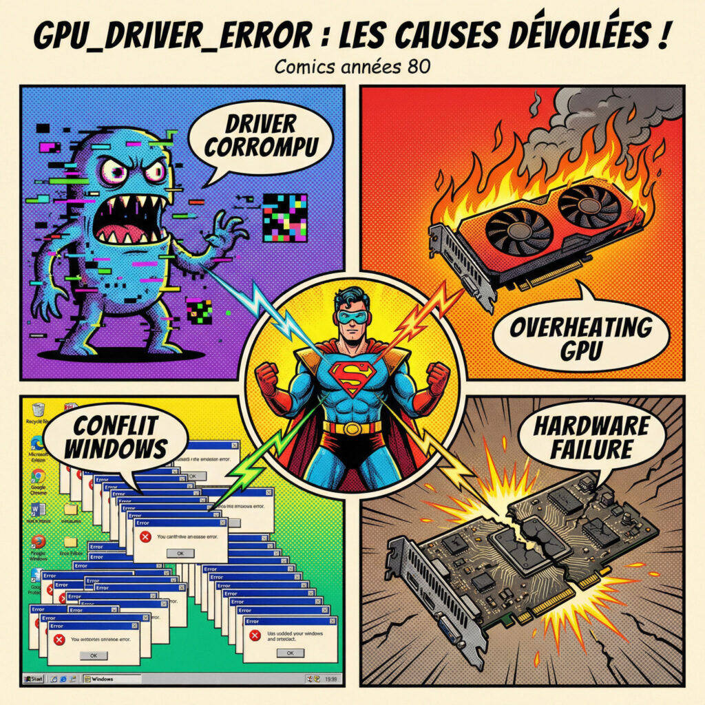Illustration comics années 80 présentant les causes de l’erreur GPU_DRIVER_ERROR avec pilote corrompu, surchauffe GPU et conflit Windows