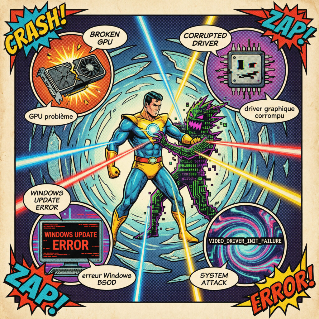 Illustration comics années 80 montrant les causes de l’erreur VIDEO_DRIVER_INIT_FAILURE avec GPU défectueux, drivers corrompus et bugs Windows.
