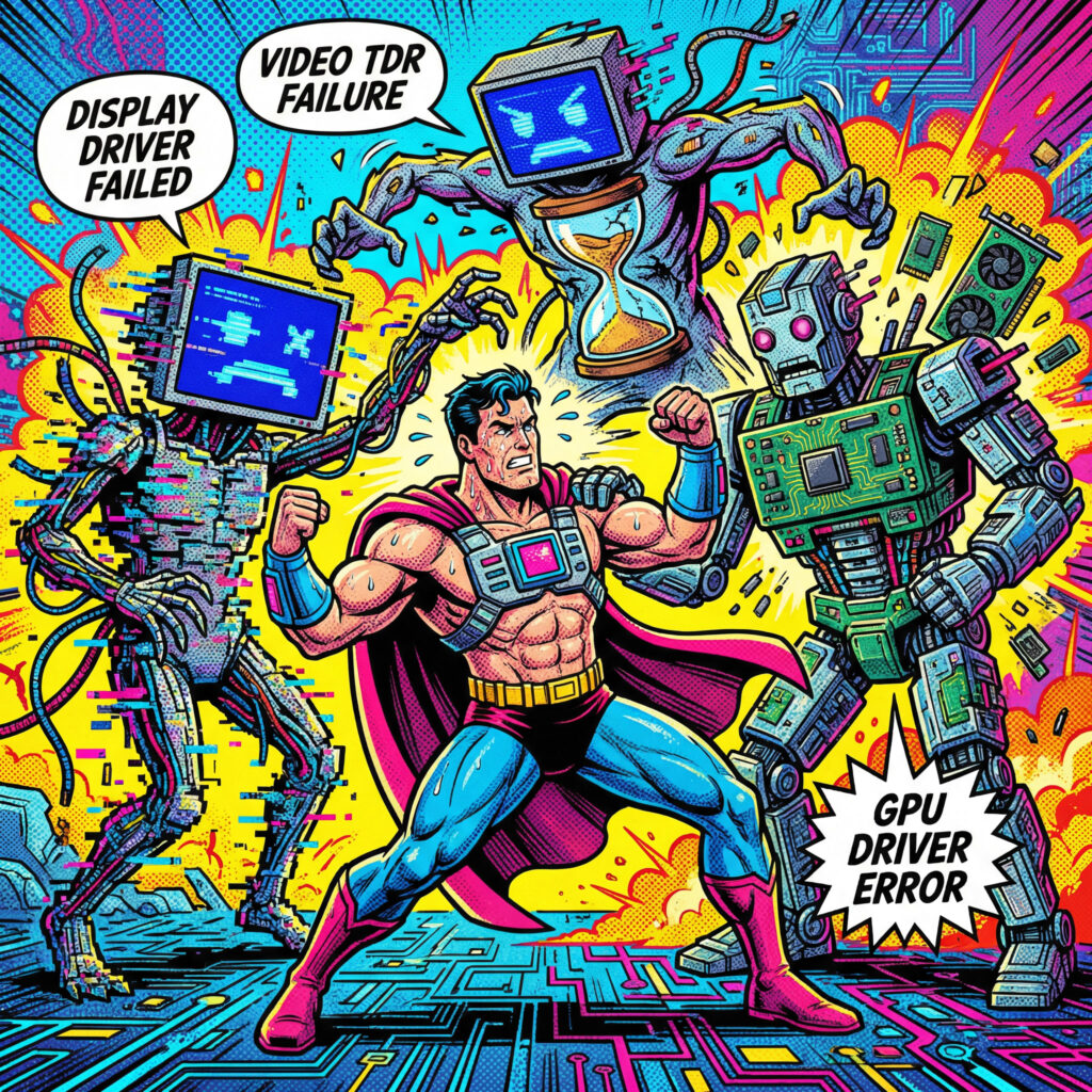 Illustration comics comparant DISPLAY_DRIVER_FAILED avec d’autres erreurs BSOD GPU Windows comme VIDEO_TDR_FAILURE