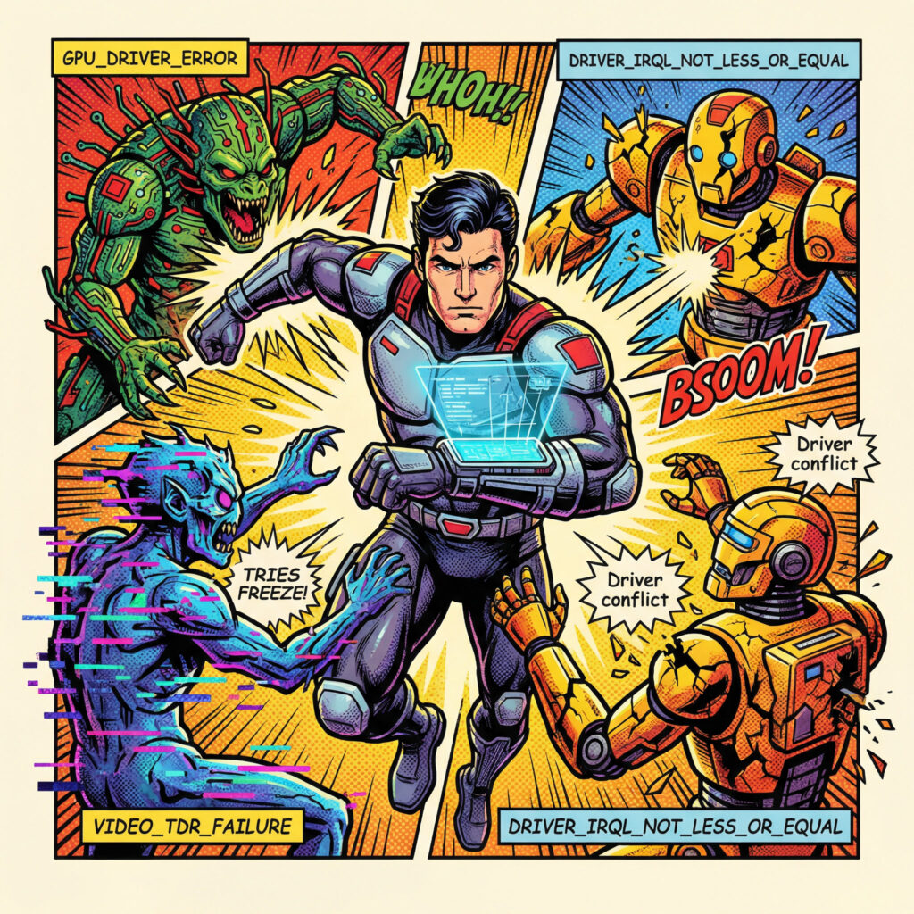 Illustration comics comparant différentes erreurs BSOD Windows comme GPU_DRIVER_ERROR et VIDEO_TDR_FAILURE liées aux pilotes graphiques