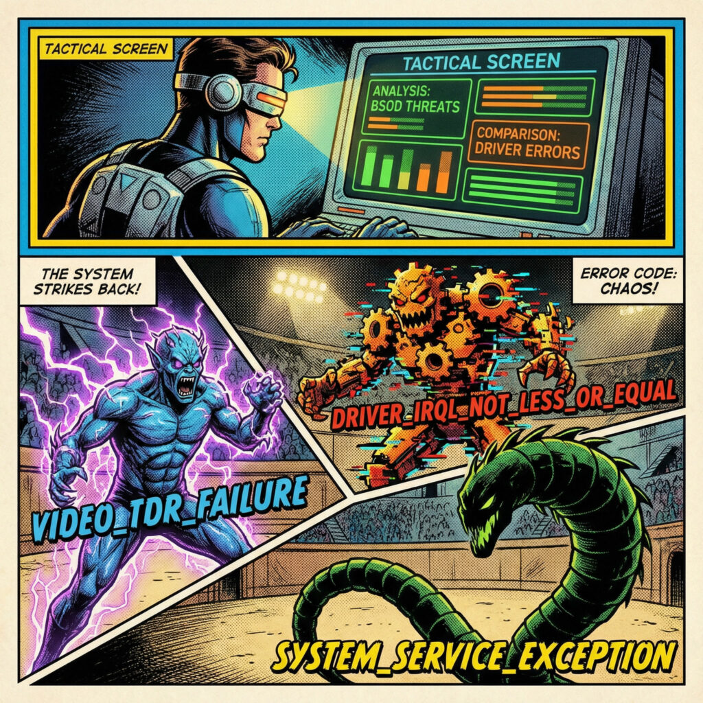 Illustration comics comparant plusieurs erreurs BSOD Windows comme VIDEO_DRIVER_INIT_FAILURE, DRIVER_IRQL_NOT_LESS_OR_EQUAL et autres bugs système.