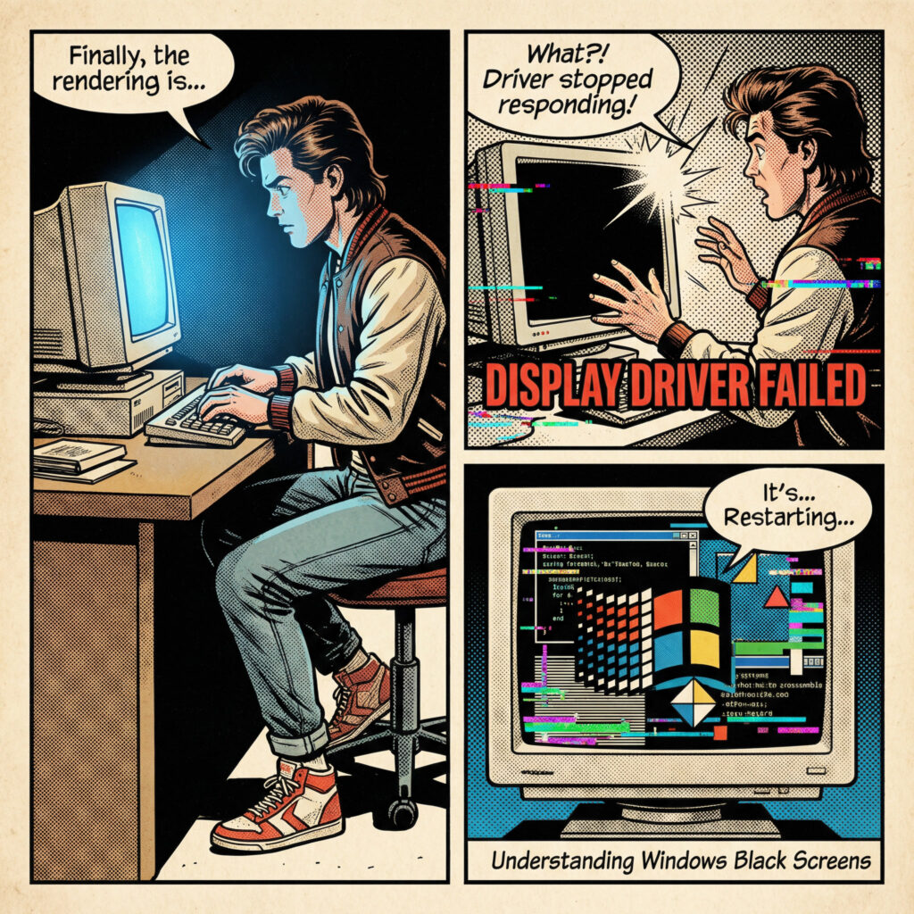 Illustration comics expliquant l’erreur DISPLAY_DRIVER_FAILED sur Windows avec écran noir et redémarrage du pilote graphique