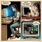 Illustration comics expliquant l’erreur DISPLAY_DRIVER_FAILED sur Windows avec écran noir et redémarrage du pilote graphique