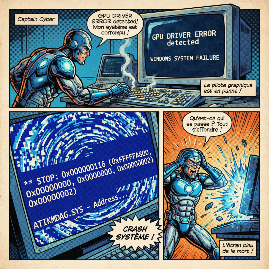 Illustration comics années 80 expliquant l’erreur GPU_DRIVER_ERROR sur Windows avec écran bleu BSOD et analyse du problème de pilote graphique