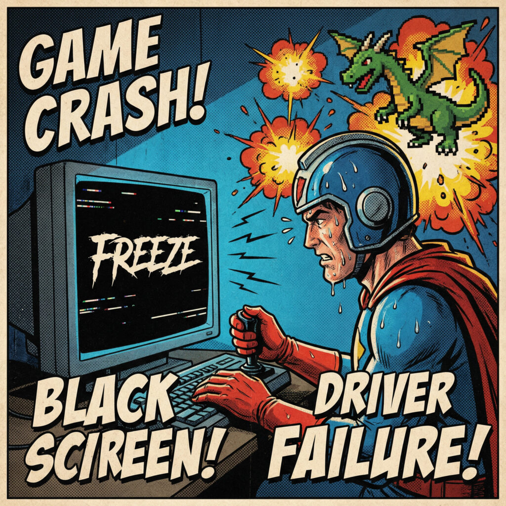 Illustration comics d’un écran noir en jeu causé par une erreur DISPLAY_DRIVER_FAILED avec crash du GPU