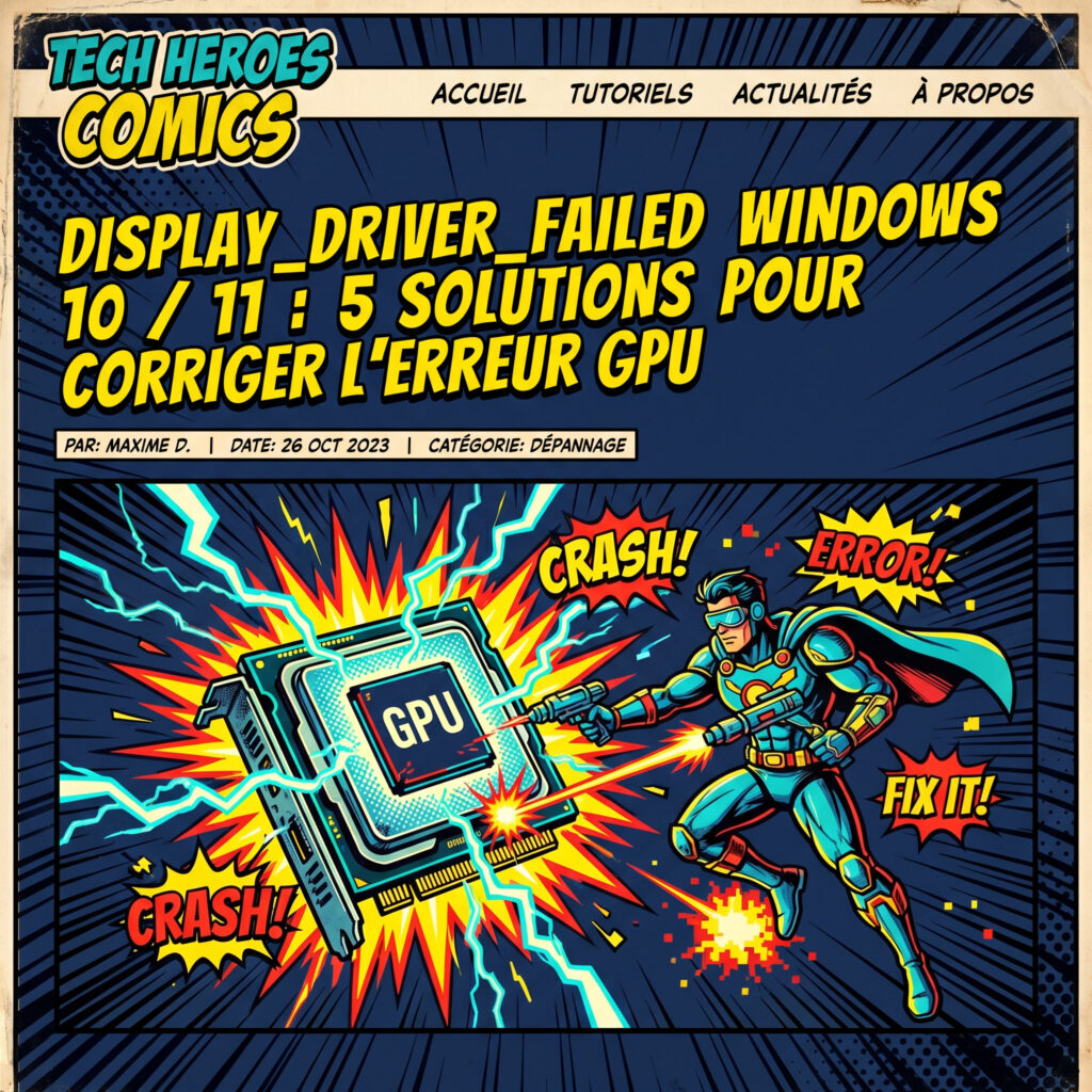 Illustration comics années 80 de l’erreur Display Driver Failed sur Windows 10 et 11 avec solutions pour corriger un problème GPU