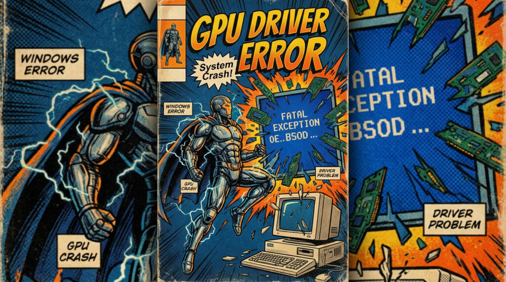 Illustration style comics années 80 d’un super héros informatique confronté à une erreur GPU_DRIVER_ERROR avec écran bleu Windows et crash système