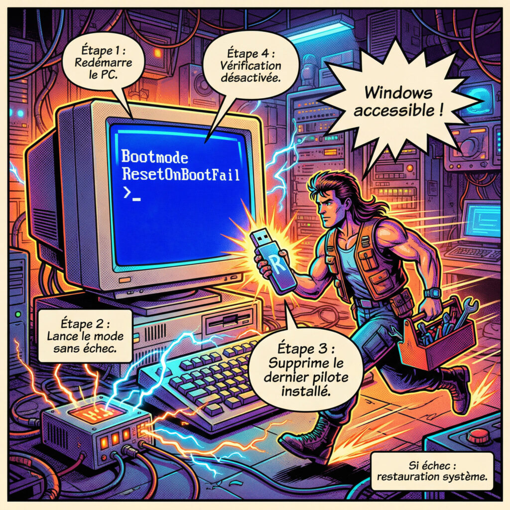 Illustration comics années 80 montrant les actions immédiates pour corriger Bootmode ResetOnBootFail sur Windows