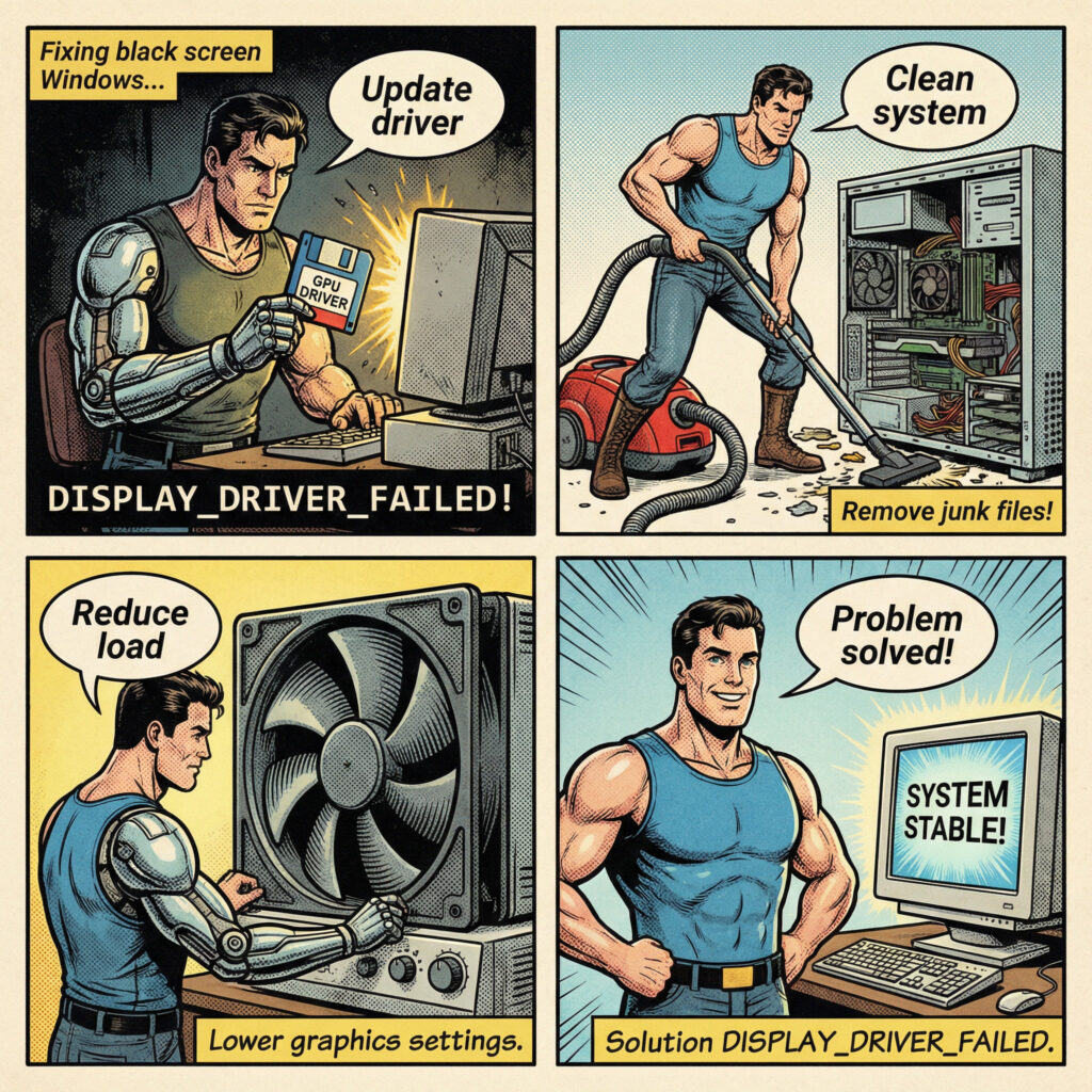 Illustration comics années 80 montrant comment corriger l’erreur DISPLAY_DRIVER_FAILED en mettant à jour le pilote graphique Windows