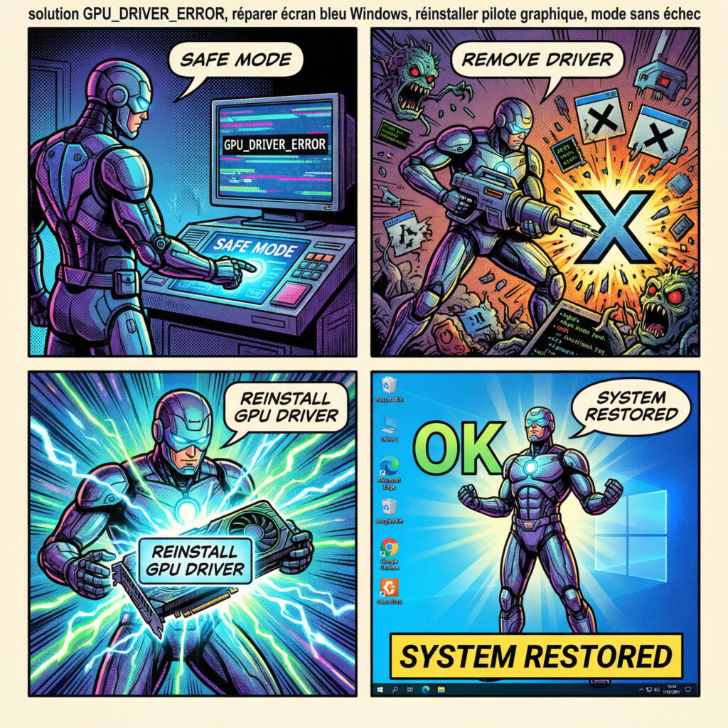 Illustration comics années 80 montrant comment réparer une erreur GPU_DRIVER_ERROR sur Windows en réinstallant les pilotes graphiques