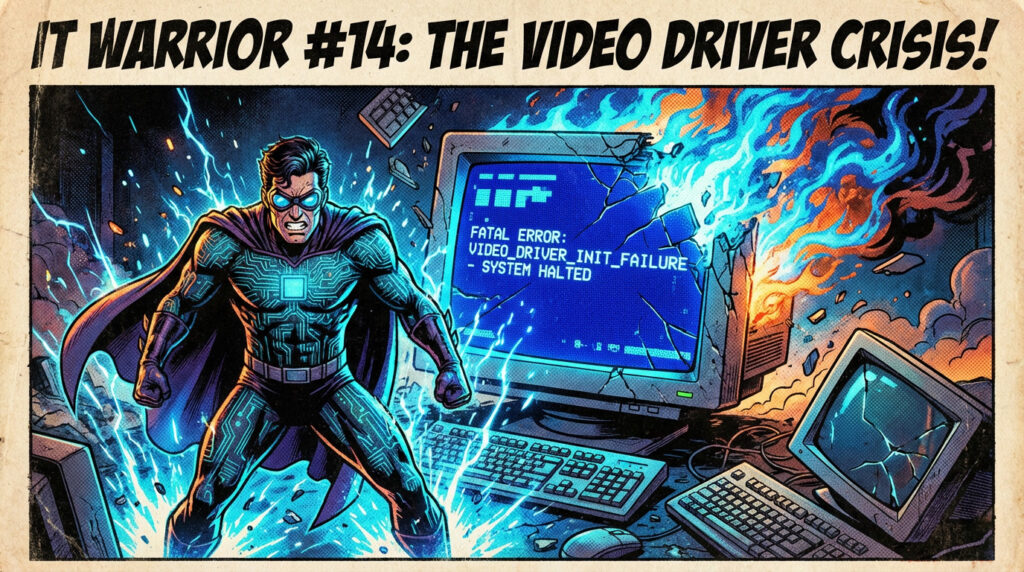 Illustration style comics années 80 d’un héros informatique réparant une erreur BSOD VIDEO_DRIVER_INIT_FAILURE sur Windows avec écran bleu et explosion numérique.