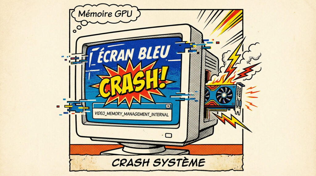 Illustration écran bleu VIDEO MEMORY MANAGEMENT INTERNAL sur Windows lié à la mémoire GPU