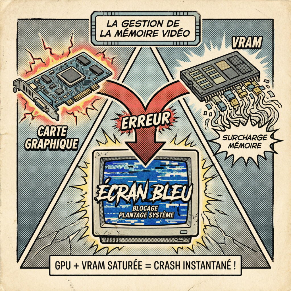 Schéma expliquant l’erreur VIDEO MEMORY MANAGEMENT INTERNAL liée à la VRAM et au GPU
