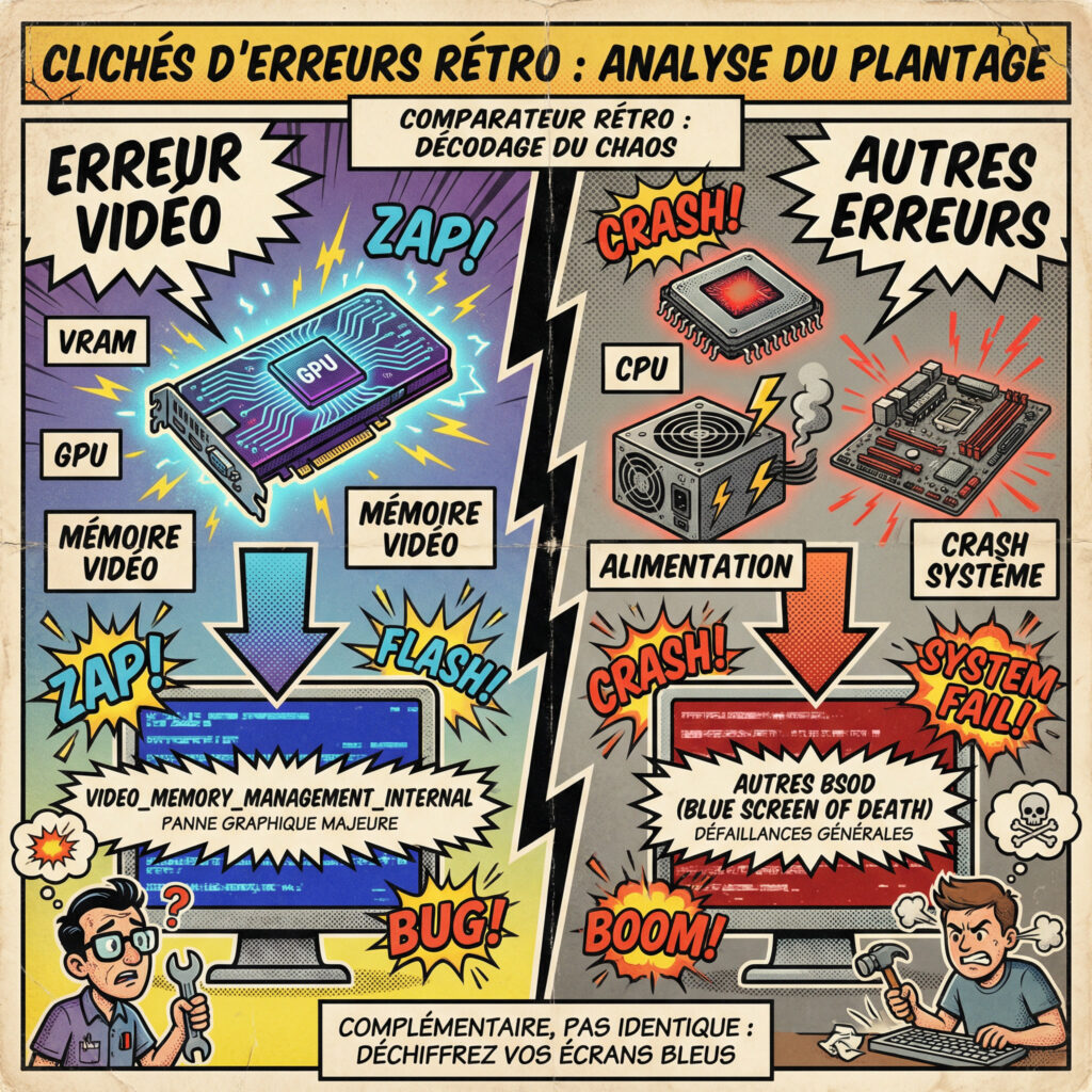 Comparaison entre VIDEO MEMORY MANAGEMENT INTERNAL et autres erreurs écran bleu Windows