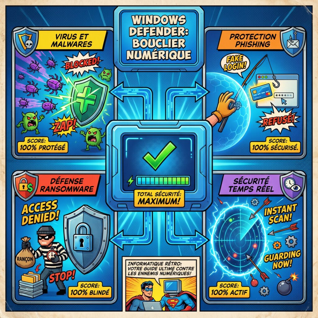 Infographie montrant les protections de Windows Defender contre virus phishing ransomware et malwares