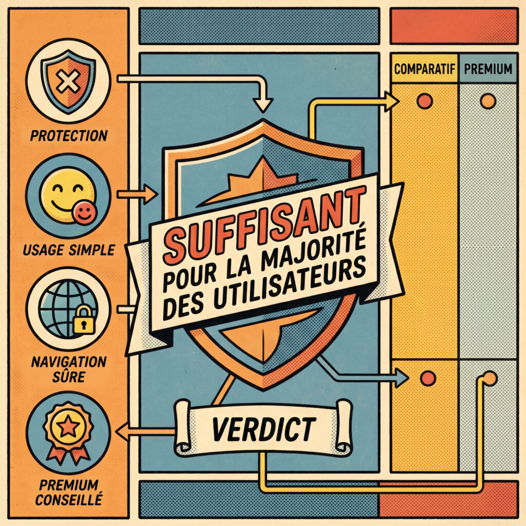 Verdict rapide illustré indiquant si Windows Defender suffit pour protéger un PC Windows