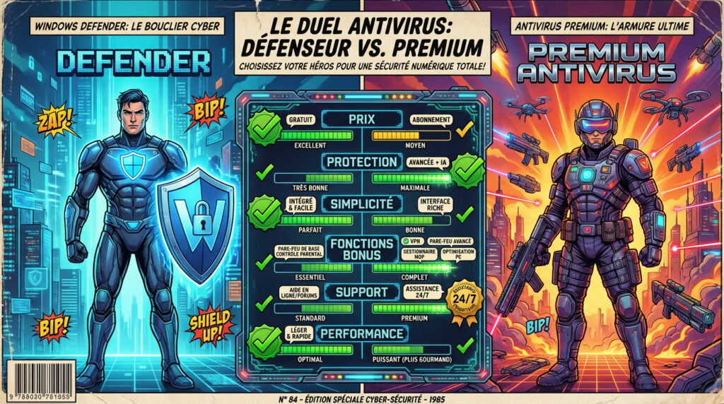 Comparatif illustré entre Windows Defender et antivirus premium en 2026 avec tableau des fonctionnalités