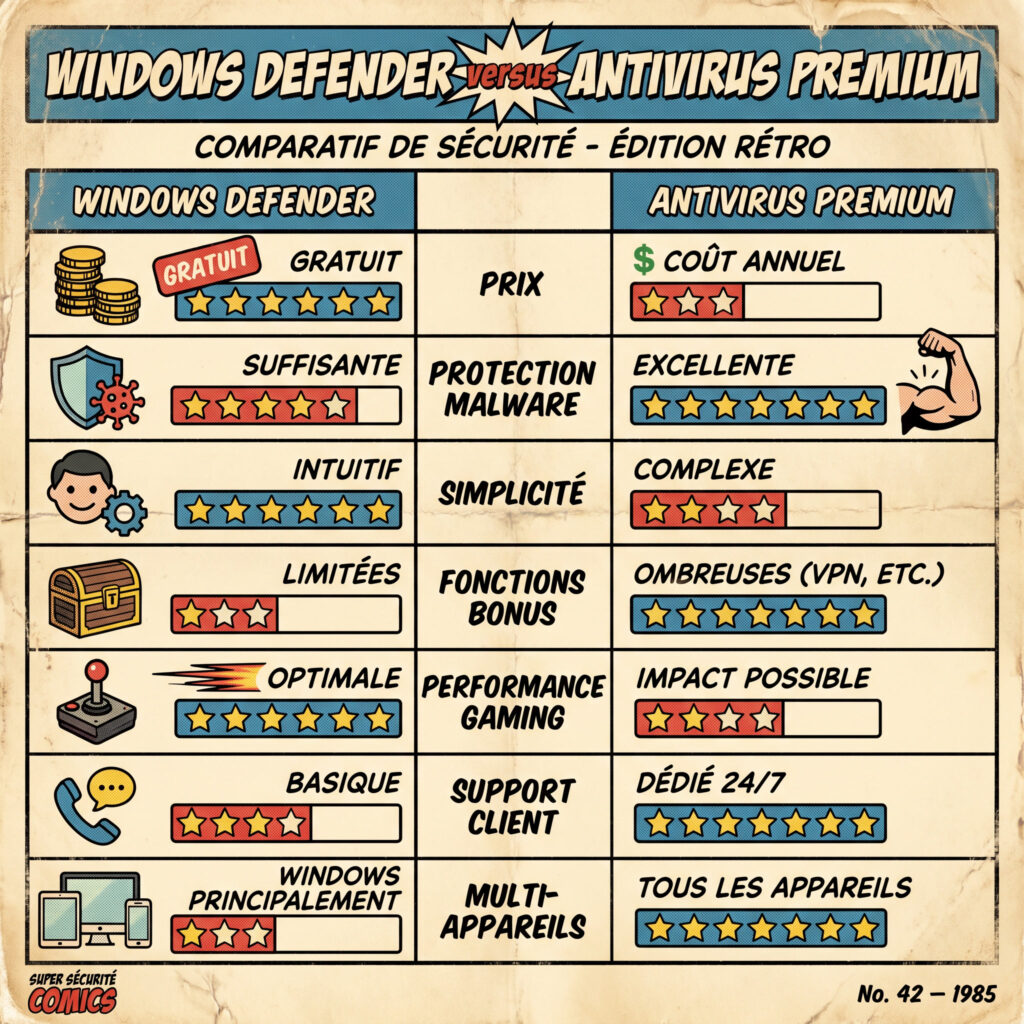 Tableau comparatif entre Windows Defender et antivirus premium avec notes en français