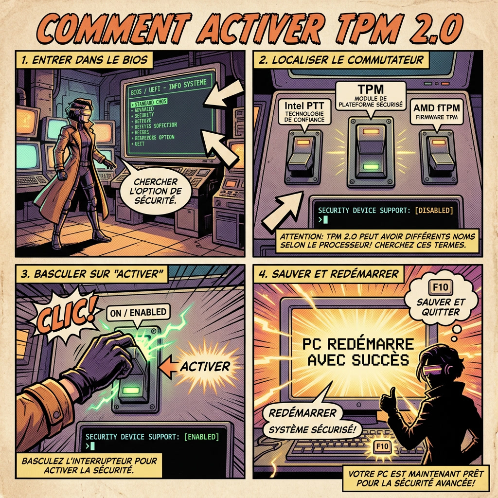 Infographie comics montrant comment activer TPM 2.0 dans le BIOS avec Intel PTT ou AMD fTPM