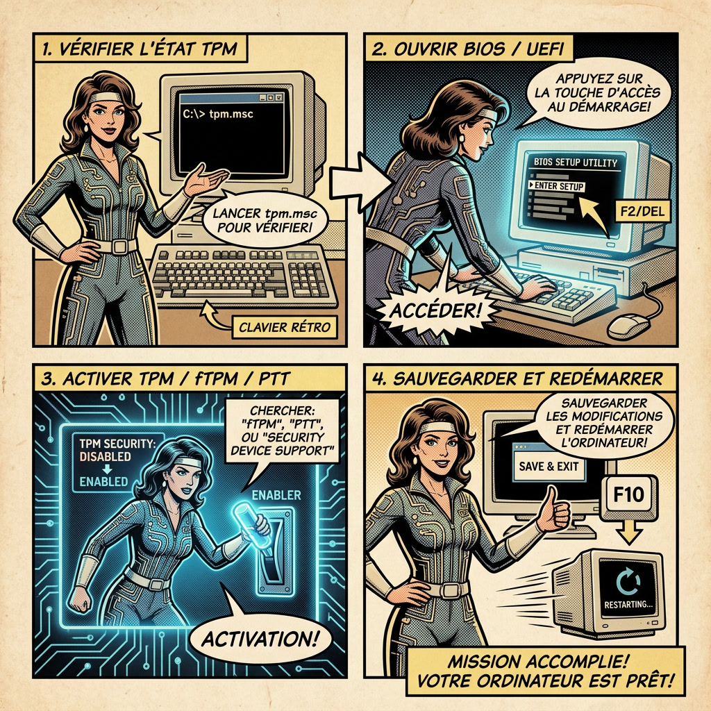Infographie comics montrant comment vérifier et activer TPM 2.0 dans le BIOS ou UEFI